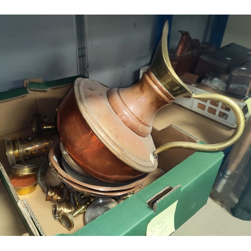 55 - A brass coal bin; a large copper jug and metalware