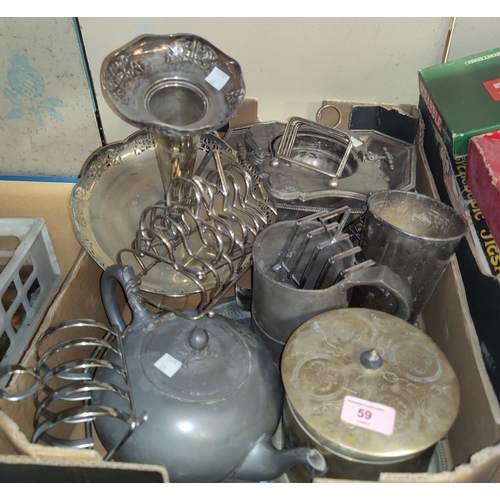 59 - A silver plated table centre/vase; a silver plated biscuit barrel; silver plate and pewter