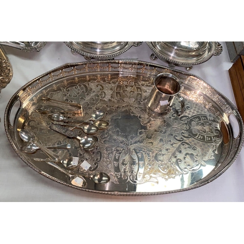 600A - An oval silver plated gallery tray, a silver plated christening mug etc