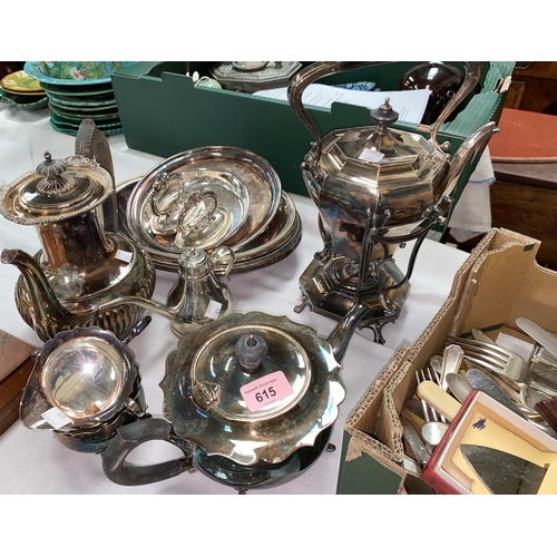 615 - A silver plated 4 piece tea set; a spirit kettle; other silver plate and cutlery
