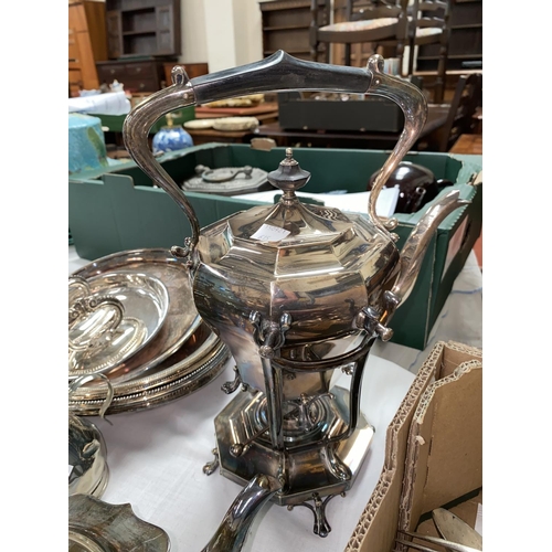 615 - A silver plated 4 piece tea set; a spirit kettle; other silver plate and cutlery