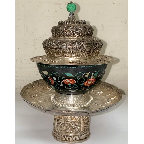 351 - A Chinese famille noir bowl, 6 character mark to base, with associated white metal base and lid, dec... 