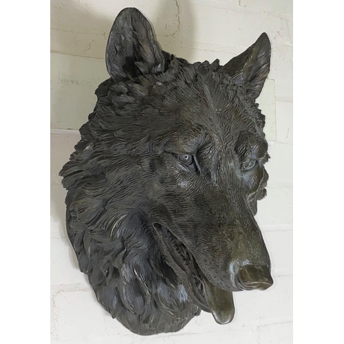 98 - A 20th century animalier style wall hanging bronze, depicting a wolf's head, height 46cm.