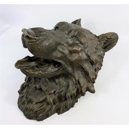 98 - A 20th century animalier style wall hanging bronze, depicting a wolf's head, height 46cm.