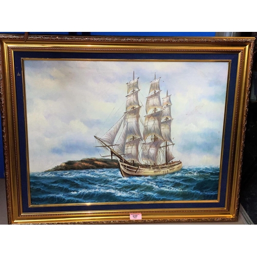 127 - An oil on canvas of a three masted ship on choppy seas, signed 'Peters' to bottom right, 45 x 60cm, ... 