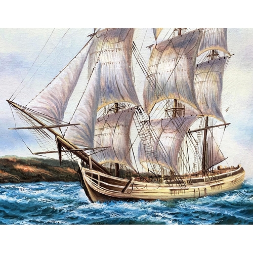127 - An oil on canvas of a three masted ship on choppy seas, signed 'Peters' to bottom right, 45 x 60cm, ... 