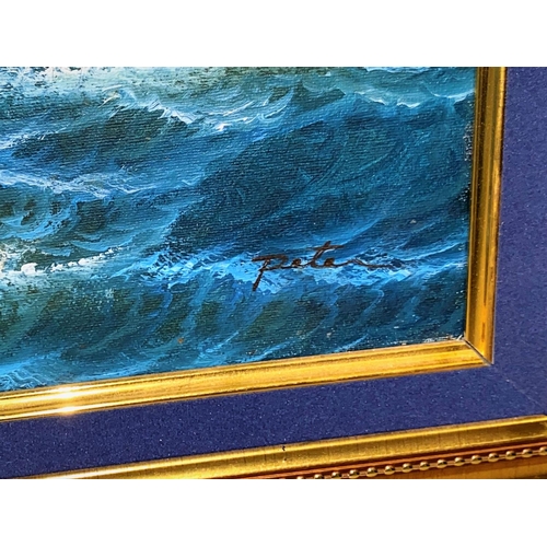 127 - An oil on canvas of a three masted ship on choppy seas, signed 'Peters' to bottom right, 45 x 60cm, ... 