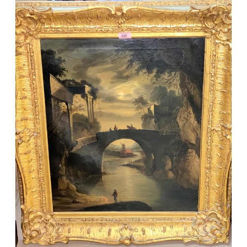 648 - 19th Century, Moonlit river landscape with figures on bridge and windmill, oil on canvas, unsigned, ... 