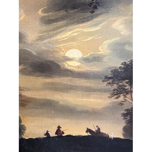 648 - 19th Century, Moonlit river landscape with figures on bridge and windmill, oil on canvas, unsigned, ... 