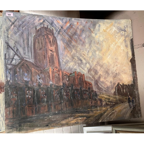 658 - Northern School:  The Anglican Cathedral, Liverpool, oil on board, 75 x 90 cm, unframed, partial lab... 