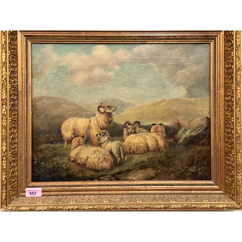 662 - BRITISH 19th Century, oil on canvas, Moorland Scene with flock of sheep, 34 x 44cm, gilt framed.