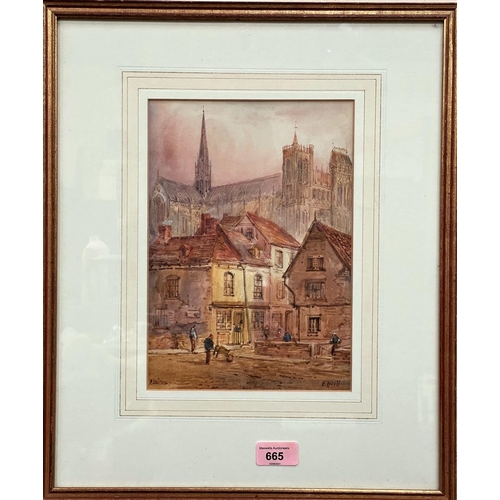 665 - E. NEVIL, FRANCE, 19th century, watercolour, AMIENS street scene with cathedral, signed, 26 x 18cm, ... 