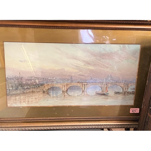 671 - Herbert John Finn (1860-1942) Thames with St. Paul's in background, watercolour.  25 x 51cm