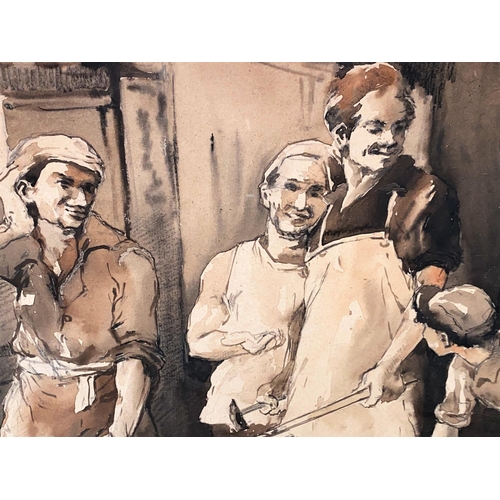 674 - Paresh Maity (B.1965 Indian) Monochrome gouache on paper of Blacksmithing scene, four men around an ... 