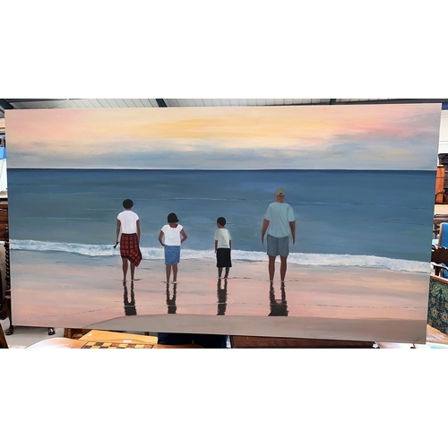 675 - A large modern oil on canvas, 4 figures standing in the shallows at sunset, signed Sal, 80 x 150cm