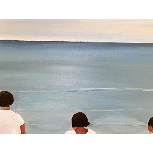 675 - A large modern oil on canvas, 4 figures standing in the shallows at sunset, signed Sal, 80 x 150cm
