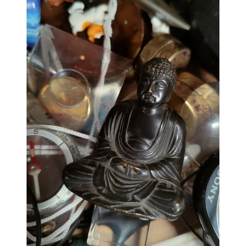 106 - A small bronze Buddah, a resin bronzed barn owl and a selection of collectables.