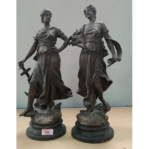 126 - A pair of cast spelter figures after A J Scott 'L'esperance' and 'La Jeunesse', on turned wood stand... 