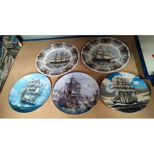 128G - Two tall ships collectors plates, adapted from engravings, three others.