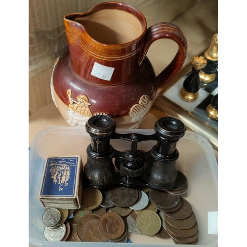 29B - A Doulton Lambeth stoneware jug; a selection of coinage , a pair of opera glasses

NO BIDS SOLD WITH... 