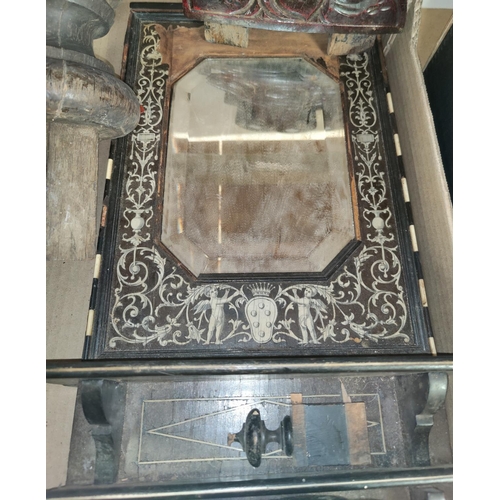 96 - An ebony and bone inlaid mirror, in need of restoration; other carved wooden items