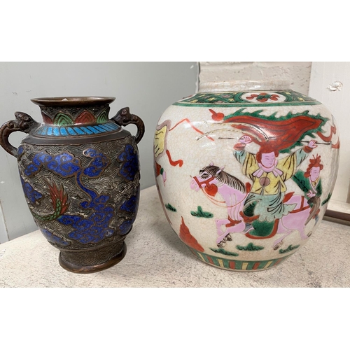 300A - A Chinese crackle glazed ginger jar and a Japanese cloisonne vase.