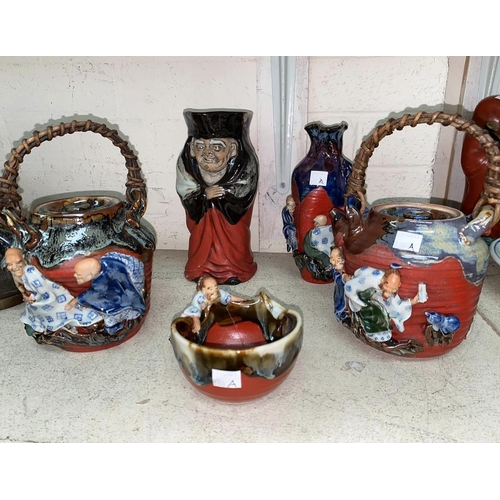 330A - A selection of Japanese studio pottery and a Japanese character jug with seal marks, 2 tea pots etc