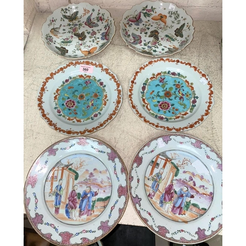 360 - 3 pairs of Chinese dishes decorated with flowers and butterflies etc, 1 pair with 4 character mark t... 