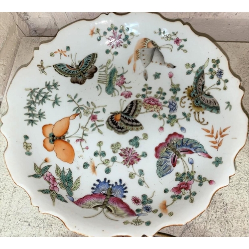 360 - 3 pairs of Chinese dishes decorated with flowers and butterflies etc, 1 pair with 4 character mark t... 