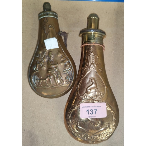 137 - A Victorian brass powder flask embossed with game, J.Barlow Patent, 20cm and another