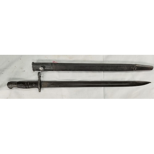155 - A UK 1917 Enfield Bayonet, handle with wood sides, steel mounted leather Scabbard; blade 43cm.