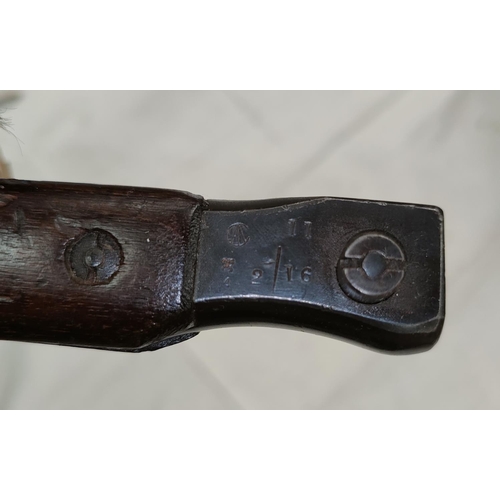157 - A Canadian Ross pattern Bayonet c.1910, leather scabbard; blade 25cm.