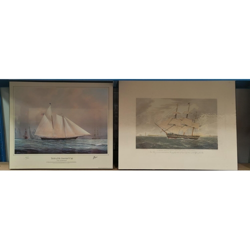128E - Three mounted prints of ships: Yachts of America's Cup 'The Schooner', 'HMS Winchester' and the 'Wel... 