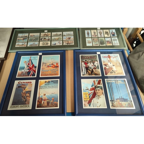 128F - Two sets of 4 framed advertising marine postcards; 2 framed sets of Deep Sea Diving cigarette cards ... 