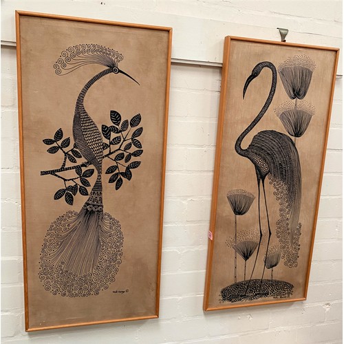 673 - A pair of framed silk prints of exoctic birds by Heidi Lange dated 1982