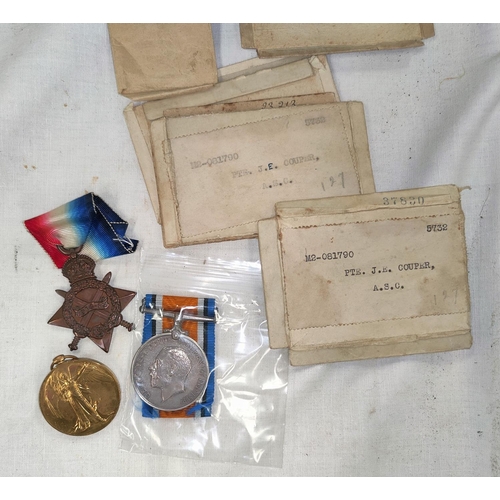 194 - A WWI 1915 Star trio of medal to M2 - 081790 Pte J. Cooper A.S.C. with boxes