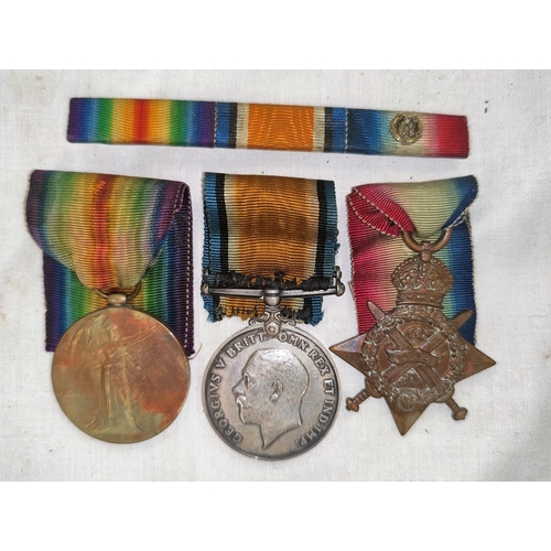 195 - A WWI 1914 Star and bar trio of medals to L-15076 Pte C.I. SHARPE, 1/R. FUS with medal bar and roset... 