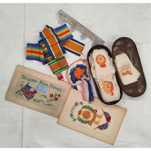 204 - A collection of WWI era cigarette silks depicting regimental badges (55), 2 postcards etc