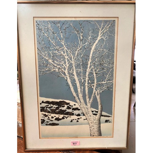 647B - Ted Colyer, 1947, Canada:  colour woodblock print with silver ground, Winter Tree, signed in pencil ... 