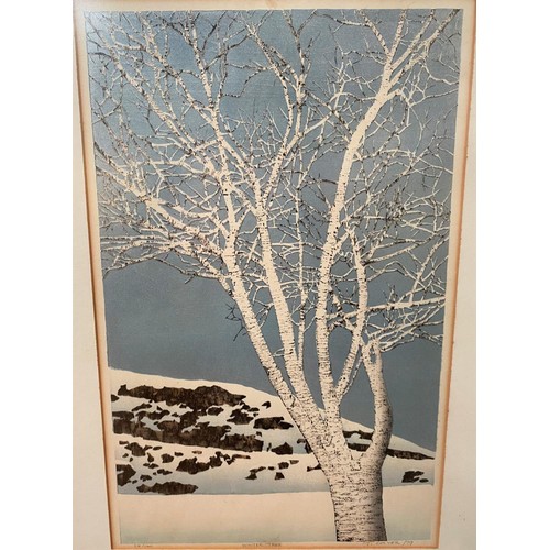647B - Ted Colyer, 1947, Canada:  colour woodblock print with silver ground, Winter Tree, signed in pencil ... 