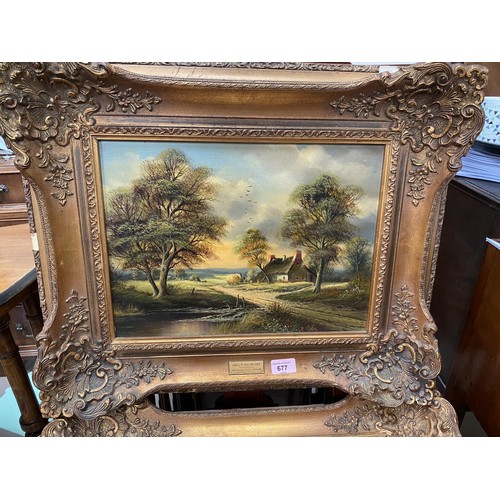 677 - Horst Baumgart: A pair of oils on canvas, Spring & Summer Country Cottage on Lane, framed in a gilt ... 