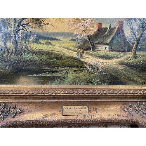 677 - Horst Baumgart: A pair of oils on canvas, Spring & Summer Country Cottage on Lane, framed in a gilt ... 
