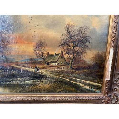 678 - Horst Baugmart: a pair of oils on canvas, Autumn & Winter Country Cottage on Lane, framed in a gilt ... 