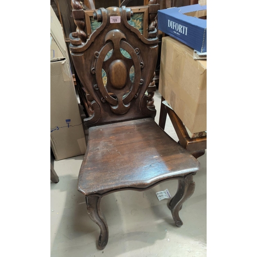 725 - A 19th century shield back hall chair; 2 stick back armchairs; a mid 20th century telephone table

N... 