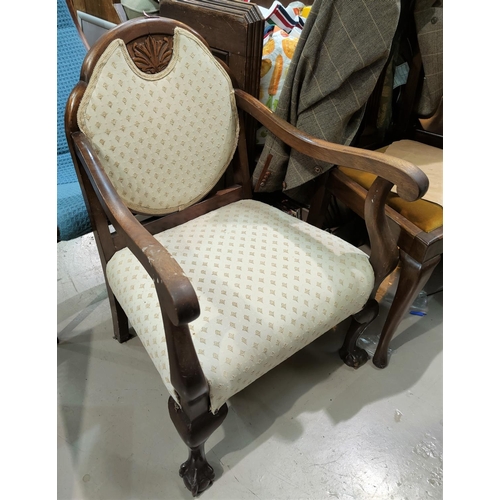 727 - A Victorian mahogany armchair on cabriole legs with ball and claw feet in cream fabric; and Edwardia... 