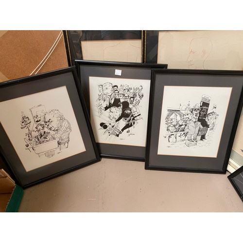 652 - Ben Sharne:  Pair of prints of line drawings, 1 artist signed; 4 x 1970's/80's political cartoon pri... 