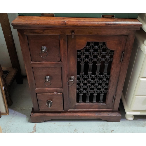 831 - A rustic hardwood side cabinet with 3 drawers and iron treillis cupboard