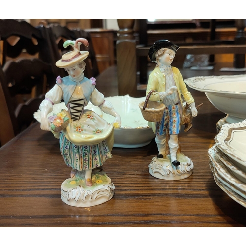 392A - A pair 20th century Dresden figures, a part Mason's gilt and cream dinner service; a small selection... 