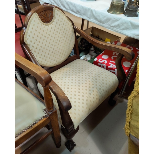 727 - A Victorian mahogany armchair on cabriole legs with ball and claw feet in cream fabric; and Edwardia... 