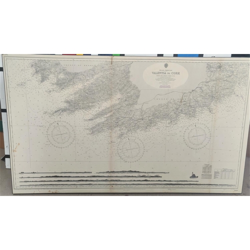 736 - A 1960's mounted marine map of Ireland's South Coast, Valentia to Cork, 70cm x 120cm; 4 West Coast o... 